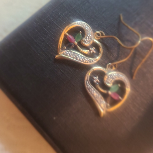 Natural Ruby,Emerald,& Saphire accented by White Diamonds Earrings - Picture 3 of 8